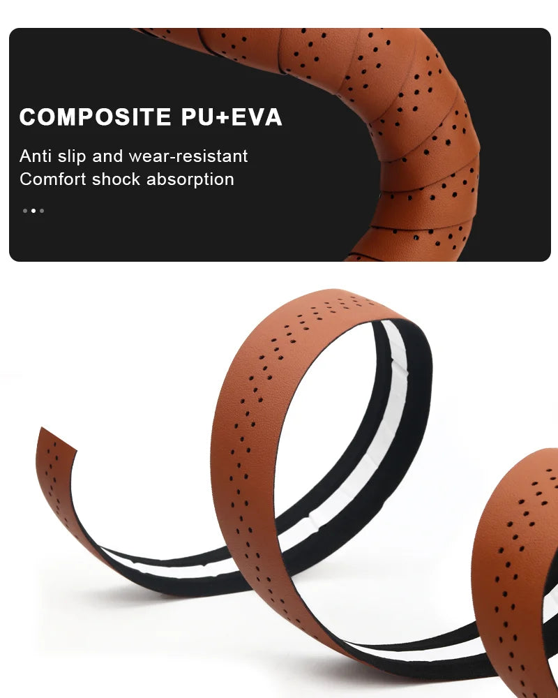 Bicycle Handlebar Tape PU Leather Perforated Breathable Soft Road Bike Handlebar Tape With 2 Bar Plug Anti-Slip Shock Absorption