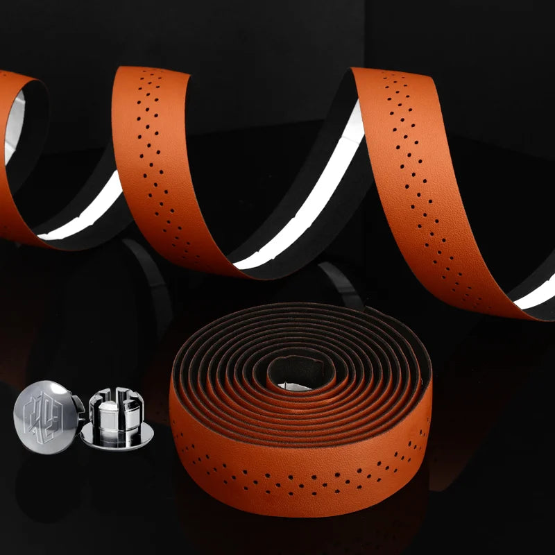 Bicycle Handlebar Tape PU Leather Perforated Breathable Soft Road Bike Handlebar Tape With 2 Bar Plug Anti-Slip Shock Absorption